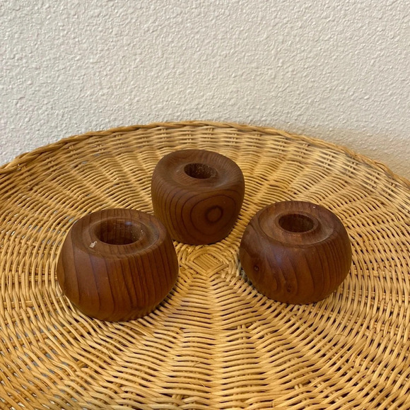 Vintage Lot of 3 Round Small Hand Turned Wood Sconce Wooden Candlestick Holder - Picture 1 of 5